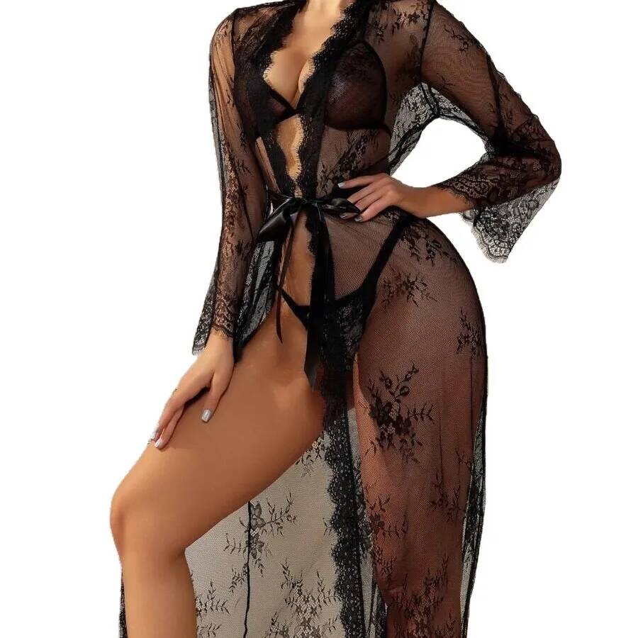 Kimono Sheer Floral - Black Lace Sheer Long Robe For